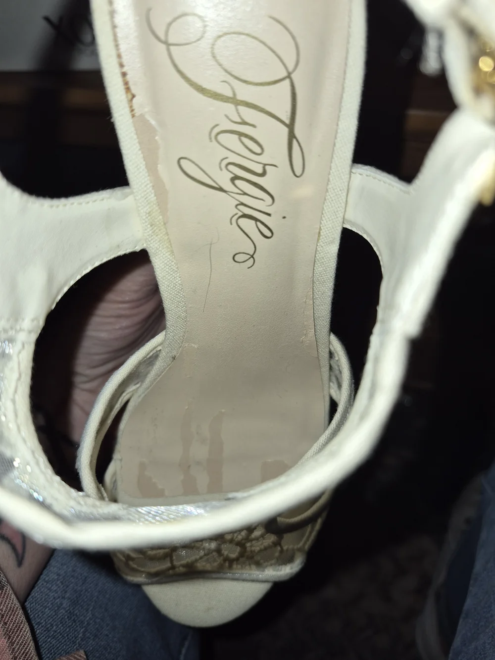 Fergie Cream Lace Cork Wedge Sandals